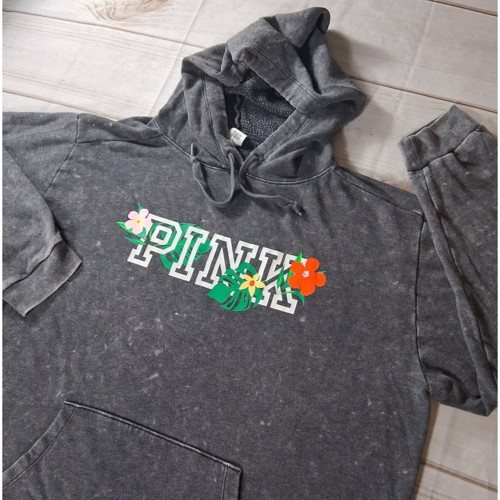 PINK Victoria's Secret Womens XL Charcoal Mineral Wash Floral Graphic Hoodie Top